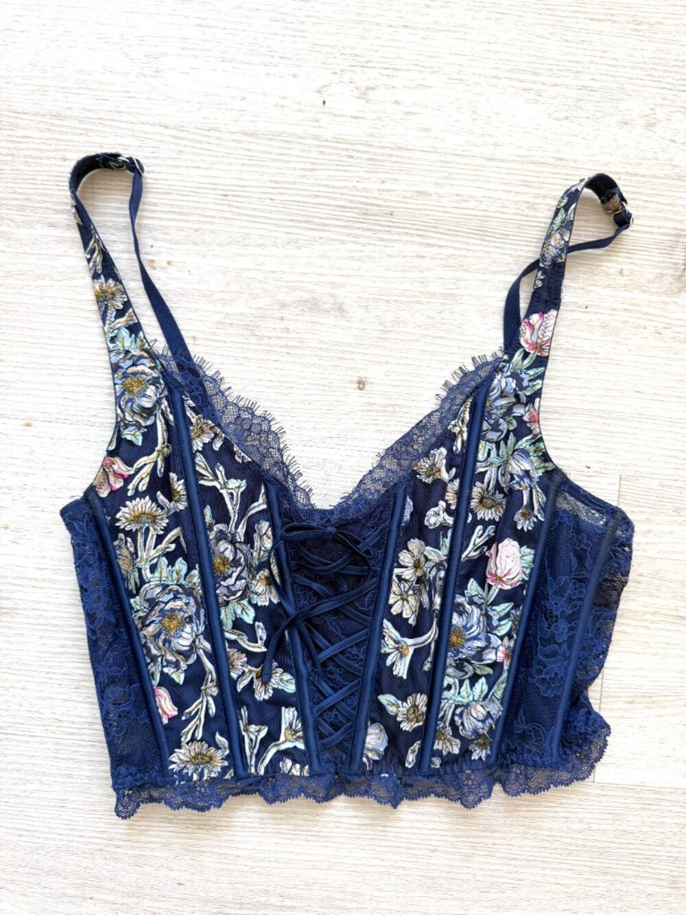 Blue Floral Lace Corset Top Lace Up Bustier Y2K Coquette Small - Picture 2 of 7